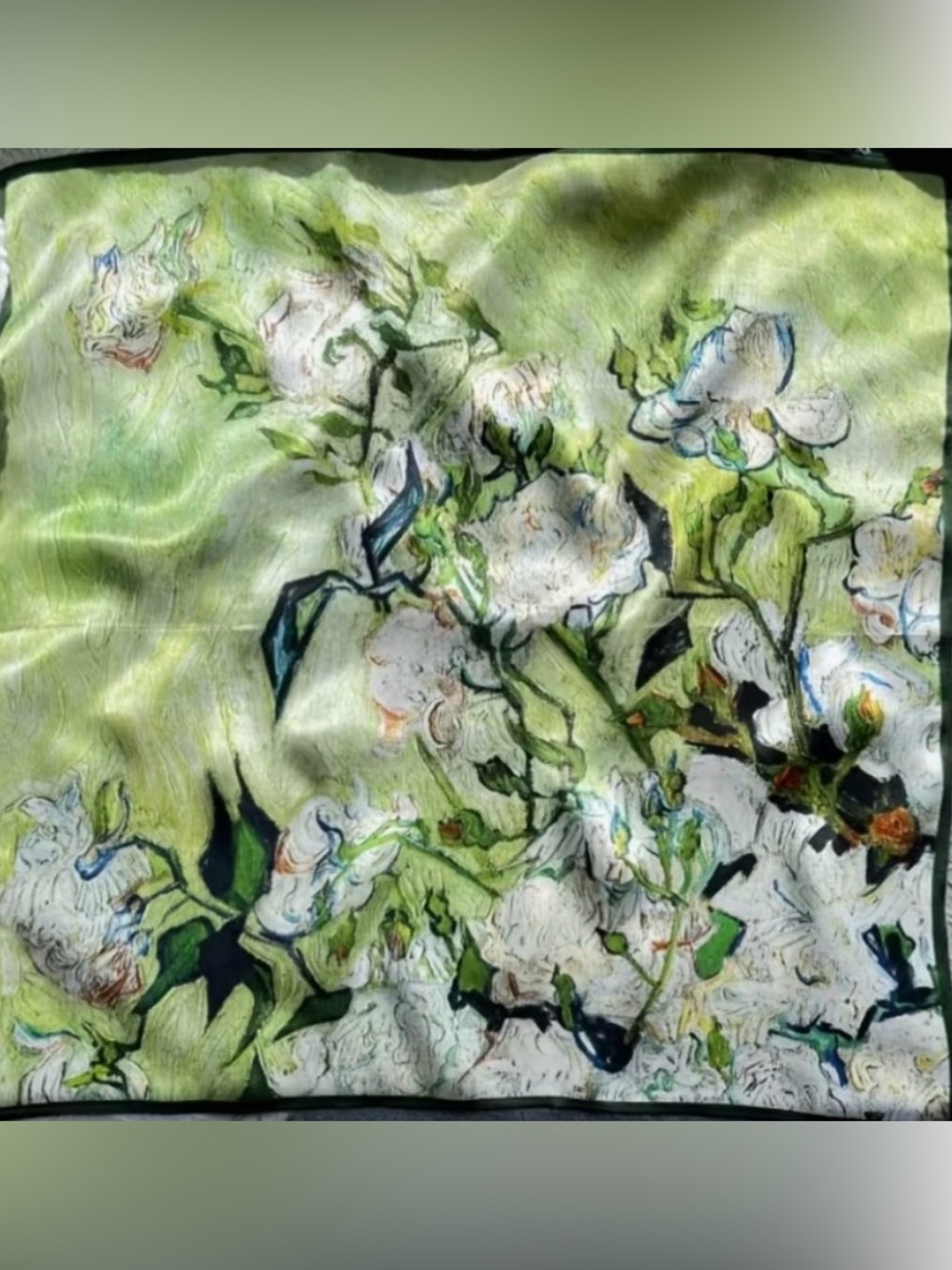 Artist Green Floral Silk like Scarf approximately 27” x 27” new with tags